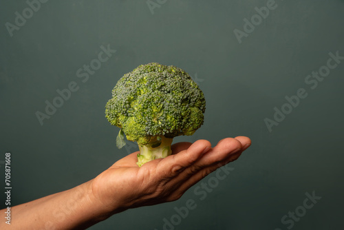 Green Harvest Grasp: Hand Holding Broccoli Against Verdant Background
