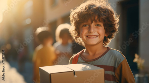 Smiling child holding a large box with food and a toy. Distributing charity packages to homeless children photo