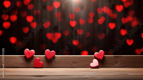 3D Hearts on Rustic Wooden Table Top with Blur Bokeh. Valentine's Day Background featuring Red Hearts on Wooden Background