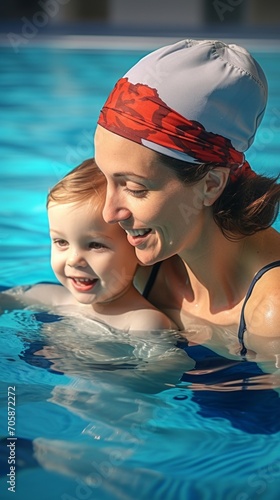 Mom with children in the pool, wonderful summer time with family, active summer holiday