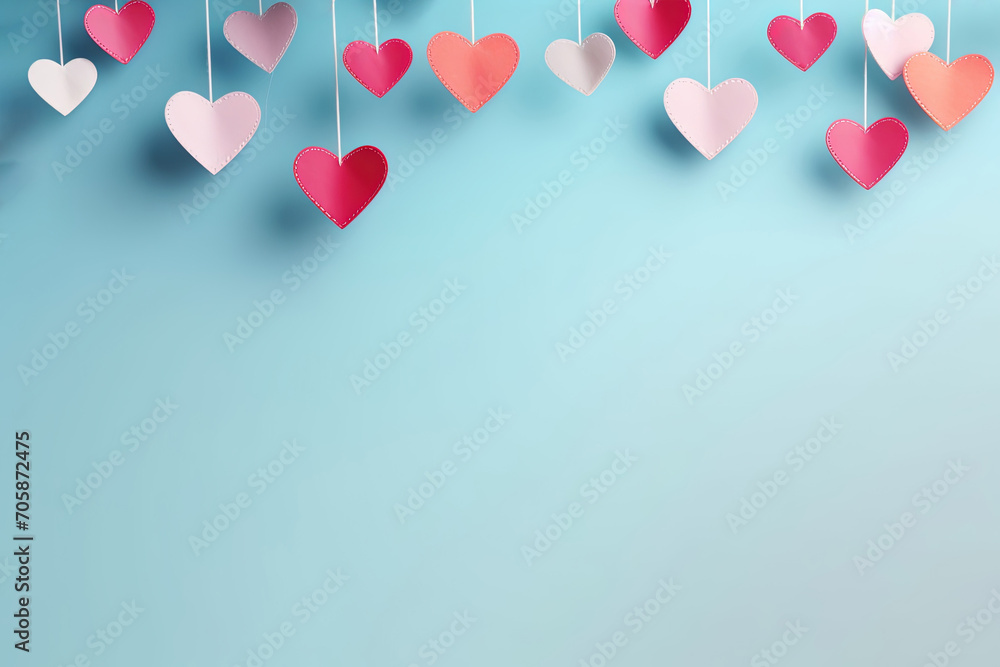 Valentine's Day: Colorful Paper Hearts Hanging on Blue Background for Banner or Poster