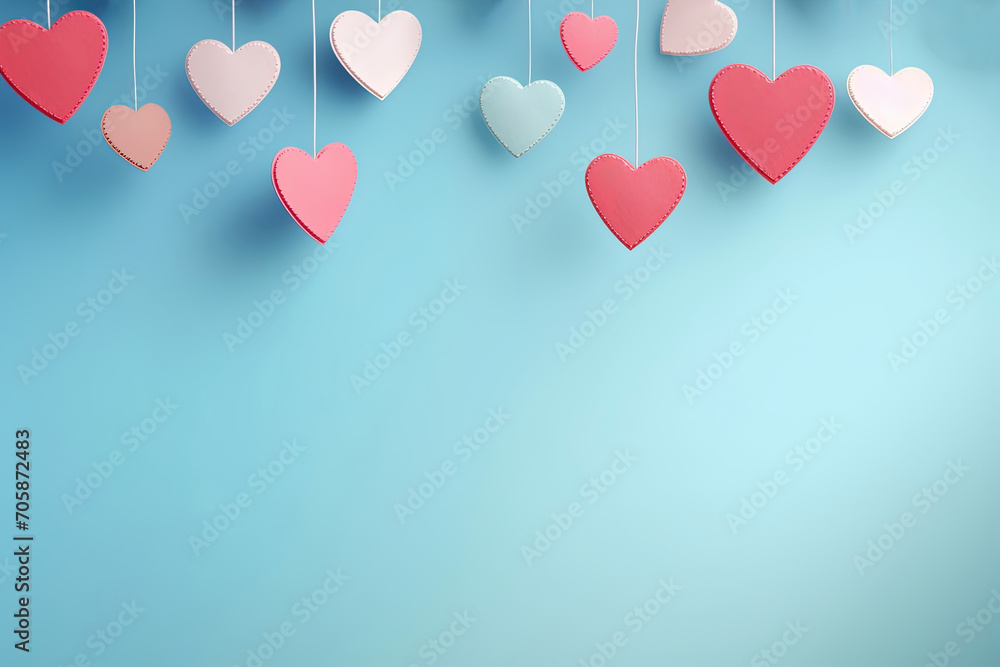 Valentine's Day: Colorful Paper Hearts Hanging on Blue Background for Banner or Poster