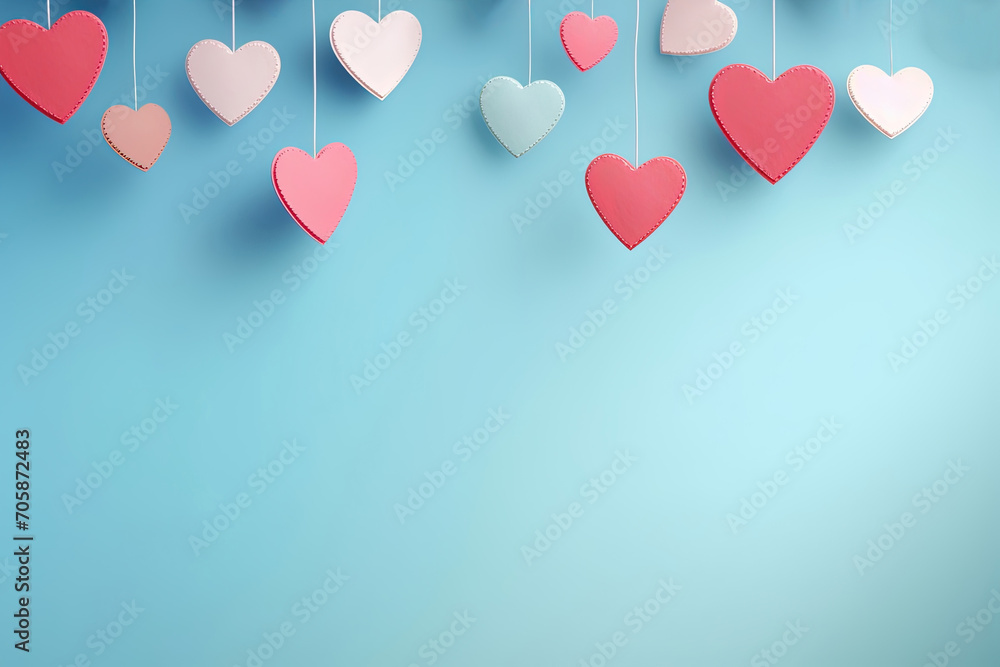 Valentine's Day: Colorful Paper Hearts Hanging on Blue Background for Banner or Poster Valentine's Day: Colorful Paper Hearts Hanging on Blue Background for Banner or Poster