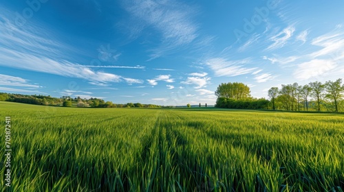 A peaceful green field under a vast blue sky evokes a sense of calm and openness.