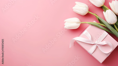 Valentine s Day and Mother s Day Background  Spring White Tulip Flower Gift Box with Ribbon on Flat Lay Pink Background
