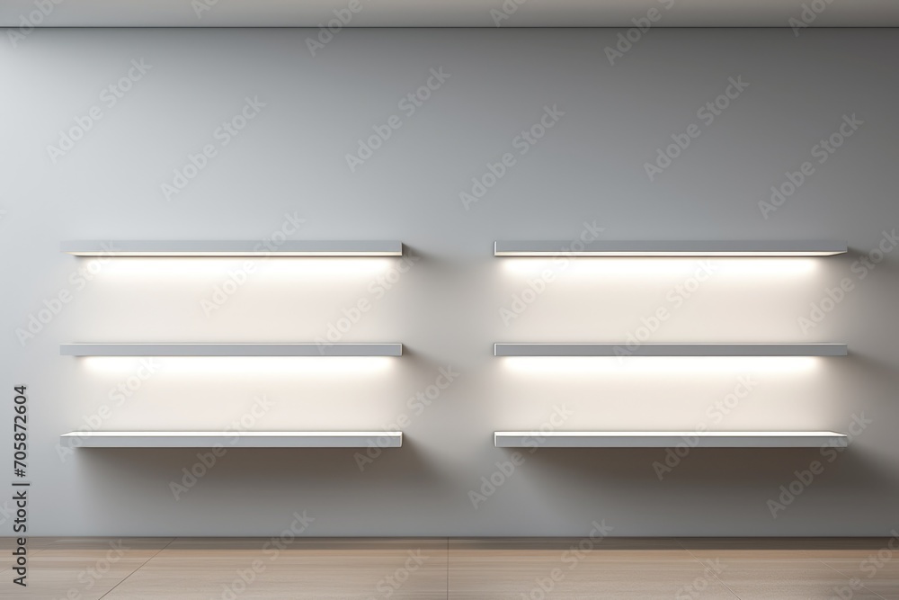 The shelf is hanging on the wall. Backlight with a shelf on a white background. The shelf is hanging on the wall. Backlight with a shelf on a white background.