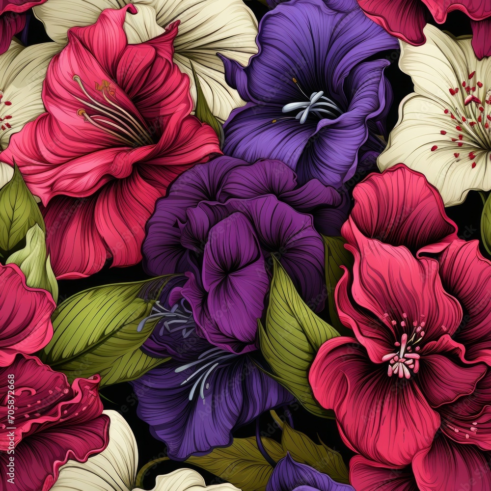 Colorful botanical floral pattern with vibrant red and purple wildflowers for textile design