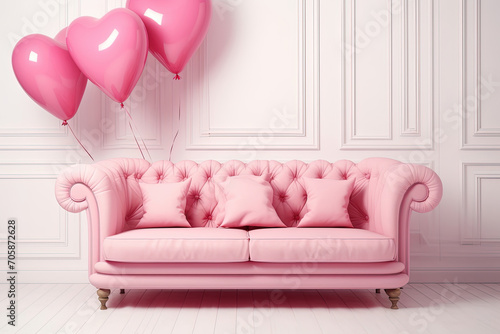 Valentine's Day Home Interior Design. Vintage Style Pink Sofa, White Wall, Heart Shape Balloons - Perfect for Birthday and Mother's Day