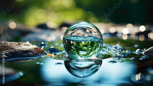 A close-up of a droplet falling into clear water.