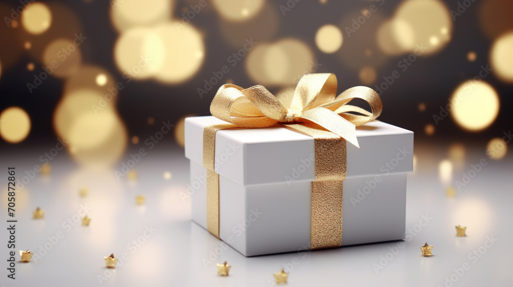 White and Gold Gift Box with Golden Ribbon wrapping Package, Gold Lights Blur bokeh Background White and Gold Gift Box with Golden Ribbon wrapping Package, Gold Lights Blur bokeh Background