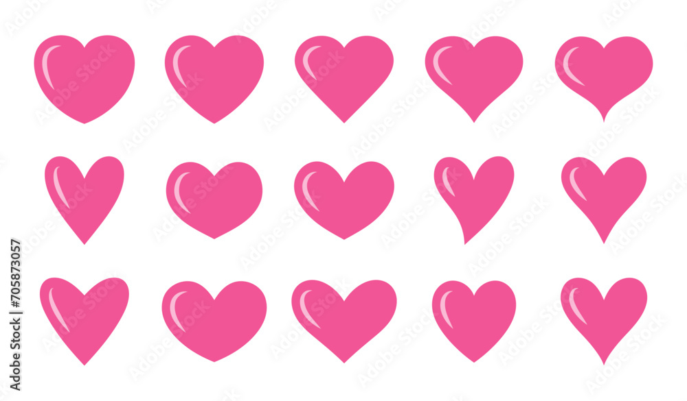 Set of glossy hearts in pink color. Set of hearts in pink color, Pink heart icons set vector, Set of 15 hearts of different shapes for web. Heart collection. Vector Art