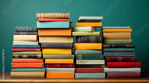 A stack of books in various colors on a teal surface.