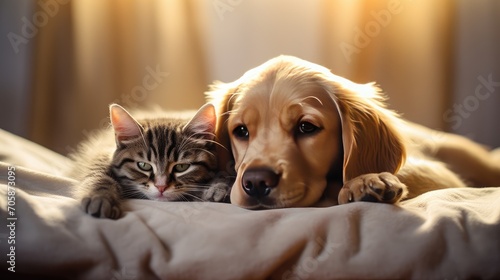 endearing image featuring cute dogs and a cat together on a white background, portraying the joy of diverse pet friendships and promoting the idea of a harmonious pet family