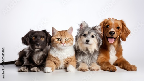 endearing image featuring cute dogs and a cat together on a white background, portraying the joy of diverse pet friendships and promoting the idea of a harmonious pet family © pvl0707