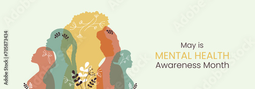 May is Mental Health Awareness month Banner. Horizontal design with people silhouette in flat style. Informing, reminding about importance of good state of mind. Psychological well-being presentation