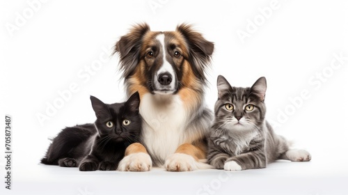endearing image featuring cute dogs and a cat together on a white background, portraying the joy of diverse pet friendships and promoting the idea of a harmonious pet family © pvl0707