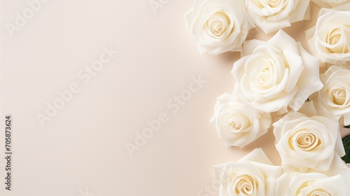 White rose on cream color background in Flat Lay Style  Mother s Day Sale  female  flat lay flowers with copyspace  banner  flora  holiday  generative ai