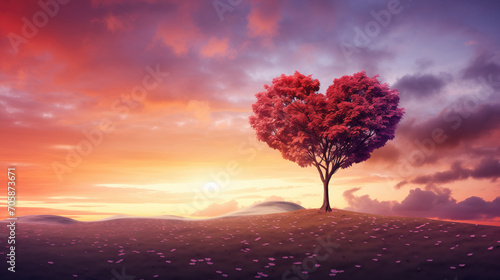 Lonely tree with heart shape under beauty sky. Valentine concept background.