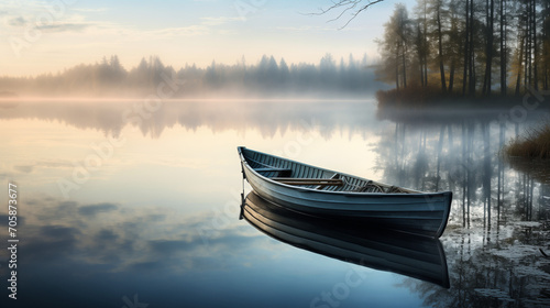 A photo captures the essence of a misty morning on a tranquil lake, with a rowboat by the peaceful shoreline, emphasizing the stillness and quietude of serene settings at dawn.
