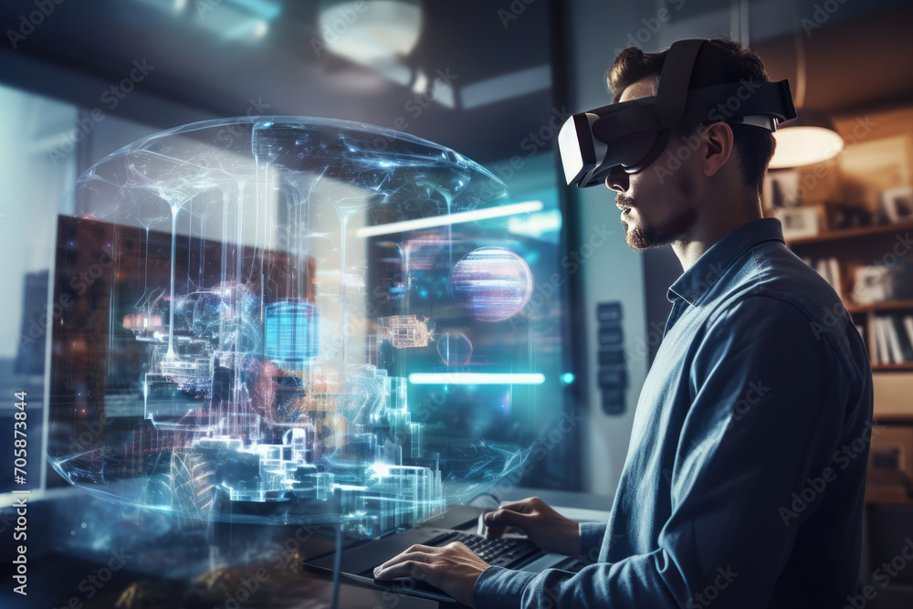 Young man interacting with virtual reality objects. AI generativ Young man interacting with virtual reality objects. AI generativ