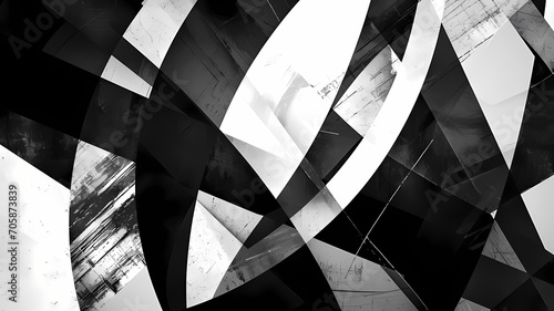 A black and white background with geometric lines and shapes