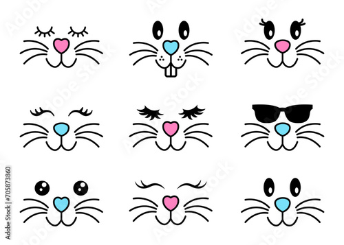 collection bunny faces hand drawn cartoon style. cute illustration isolated on white 