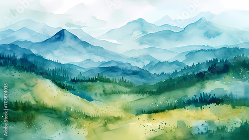 A watercolor landscape of mountains and trees in summer