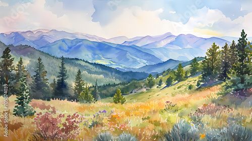 A watercolor landscape of mountains and trees in summer