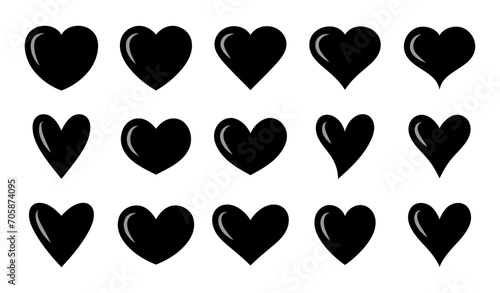 Set of glossy hearts in black color. Set of hearts in black color, Black heart icons set vector, Set of 15 hearts of different shapes for web. Heart collection. Vector Art