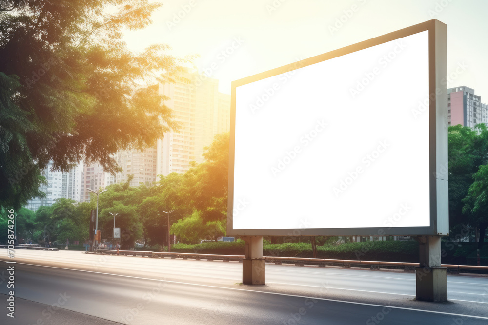 empty billboard basks in sunlight at the roadside, a blank canvas against the bustling urban backdrop and verdant city greenery empty billboard basks in sunlight at the roadside, a blank canvas against the bustling urban backdrop and verdant city greenery