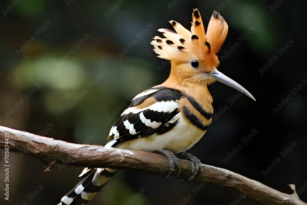 Eurasian or common hoopoe (Upupa epops) fascinated brown crested bird with white and black wings closely perching on thin branch Generative Ai Eurasian or common hoopoe (Upupa epops) fascinated brown crested bird with white and black wings closely perching on thin branch Generative Ai