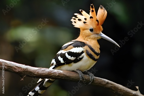 Eurasian or common hoopoe (Upupa epops) fascinated brown crested bird with white and black wings closely perching on thin branch Generative Ai