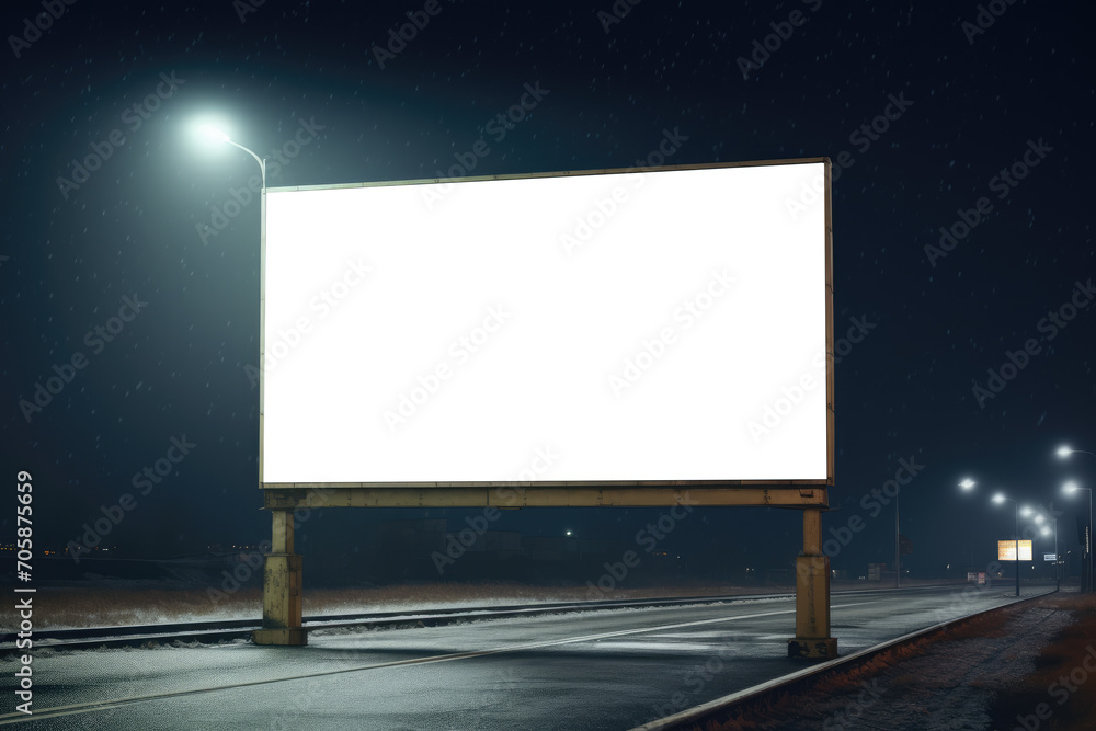 Snowflakes fall gently on a quiet highway, illuminated by a lone streetlight with an empty billboard standing stark against the night Snowflakes fall gently on a quiet highway, illuminated by a lone streetlight with an empty billboard standing stark against the night