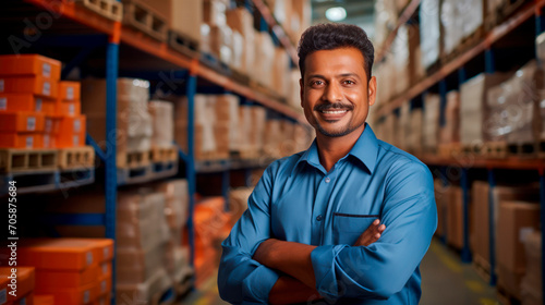 Professional loader is Indian man in warehouse with boxes of goods on shelves. Smiling uniformed loader demonstrates his willingness and enthusiasm to do his job. Logistics and delivery