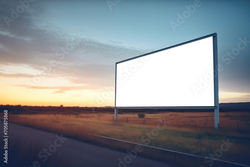 empty billboard mockup stands on a roadside at sunset, overlooking a tranquil natural landscape with no traffic in sight photo