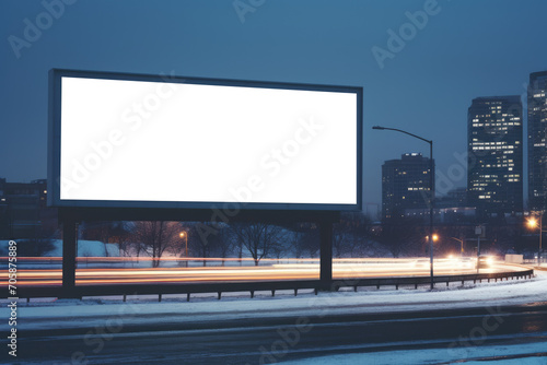 solitary billboard towers above a city highway, its surface bare against the backdrop of a foggy evening commute