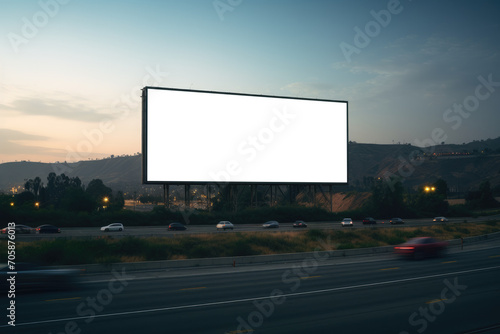As the day fades, an imposing empty billboard mockup looms over the busy freeway, a silent observer of the twilight rush