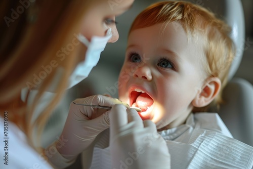 Early Dental Care: A professional photo captures the importance of regular dental check-ups as a dentist examines a toddler's teeth, promoting oral hygiene and early healthcare habits.