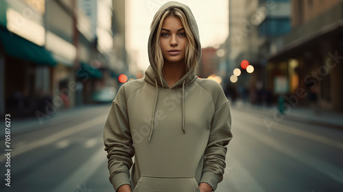 Handsome young female wearing khaki hoodie on street background. Image of elegant, stylish and self-confident woman, leading fashionable lifestyle. Space for your logo or design. Mockup for print.