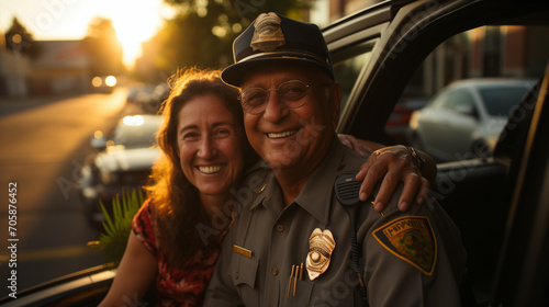 An elderly, white, Caucasian indian man police officer in a uniform and headgear is seen outside a mature, mature car during a summer sunset while on vacation. first-person point of view. operating a  photo