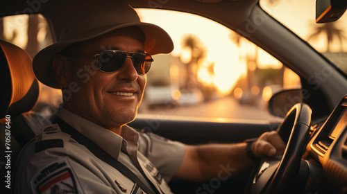 An elderly, white, Caucasian dubai man police officer in a uniform and headgear is seen outside a mature, mature car during a summer sunset while on vacation. first-person point of view. operating © Rizwan Ahmed Mangi