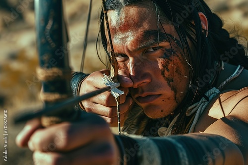 Native american man hunting with a bow and arrow in the desert. photo