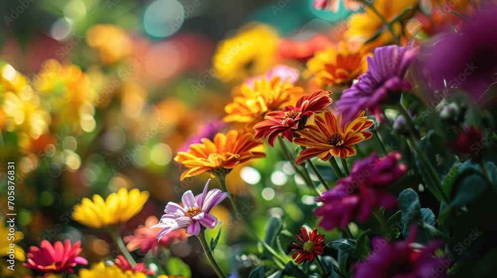 Burst of colorful flowers in sunlit garden brings life and energy to the scene. Burst of colorful flowers in sunlit garden brings life and energy to the scene.