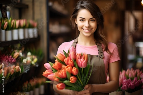 Girl seller in a flower shop with a bouquet of tulips