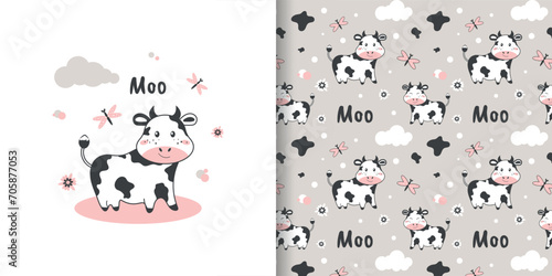 Cute cartoon cow postcard and seamless pattern for decor, wrapping paper, fabric, textiles and more. Vector illustration