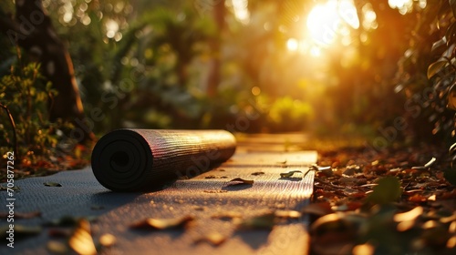Yoga mat in a tranquil outdoor setting at sunrise