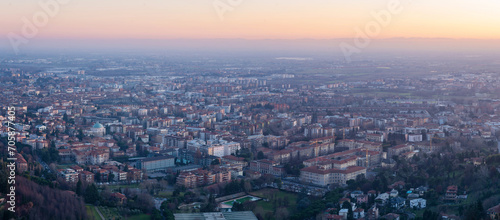 Panoramic view of cityscape Bergamo  aerial view to the city in the mountain valley  Lombardy  Italy.