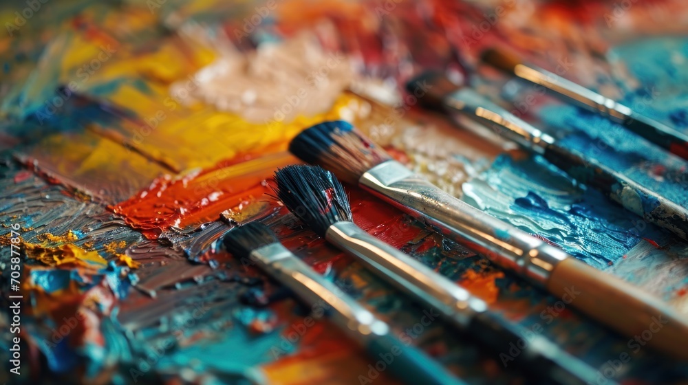 Artist's palette full of colorful paints and brushes, ready for creative expression.