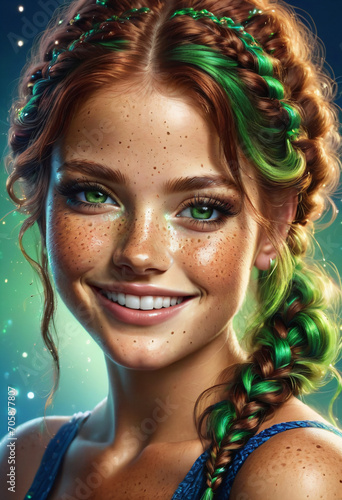 Radiant young woman with freckles and braided hair smiling outdoors 
