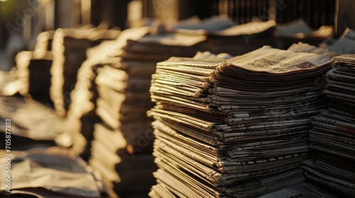 Piles of newspapers in the golden morning light evoke the start of a new day.